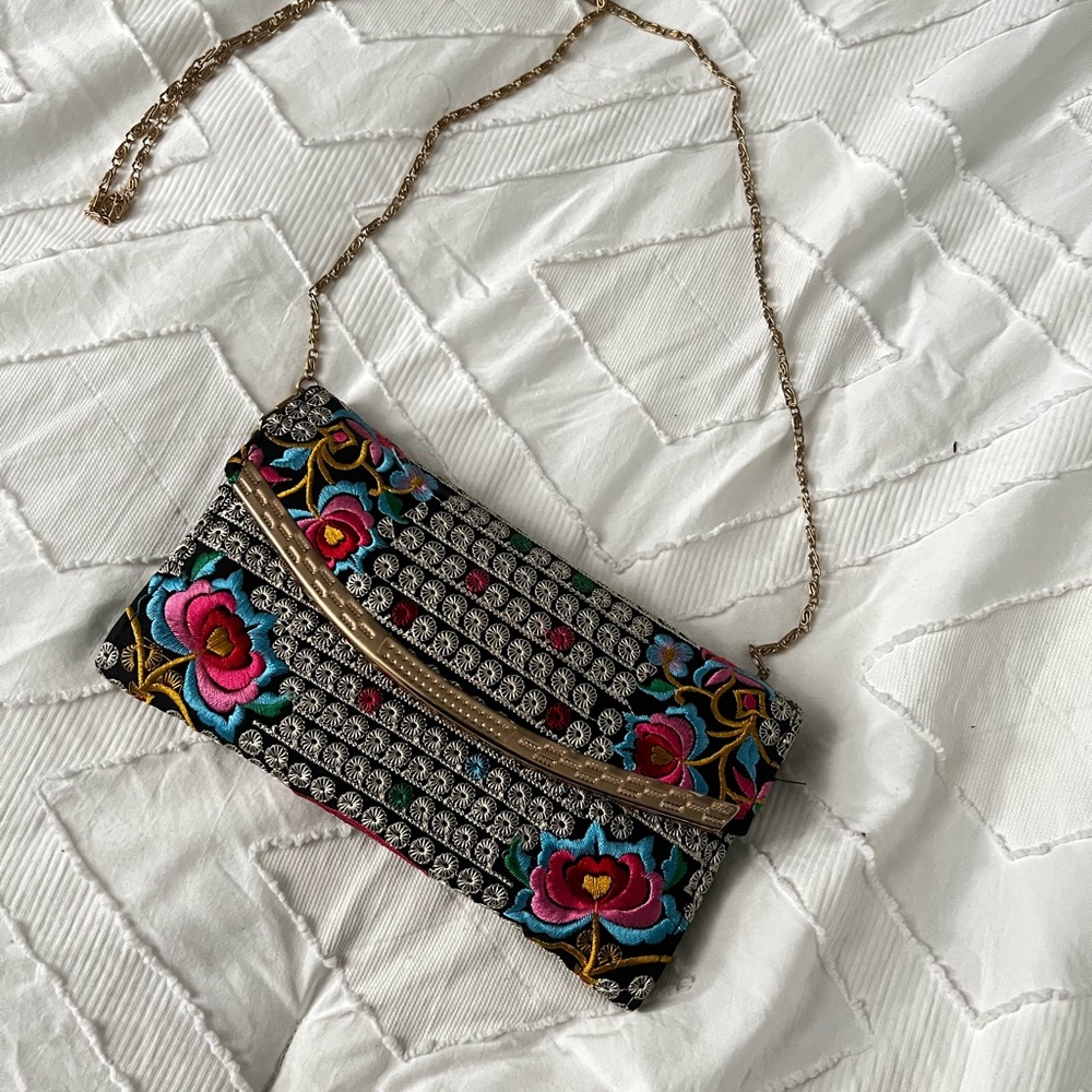 Floral Embroidered Clutch with Chain Strap